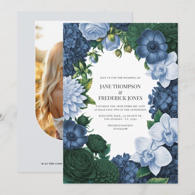 Invitación Boda Holstein Blue, Silver Slate y Smoky Pine (Anverso / Reverso)