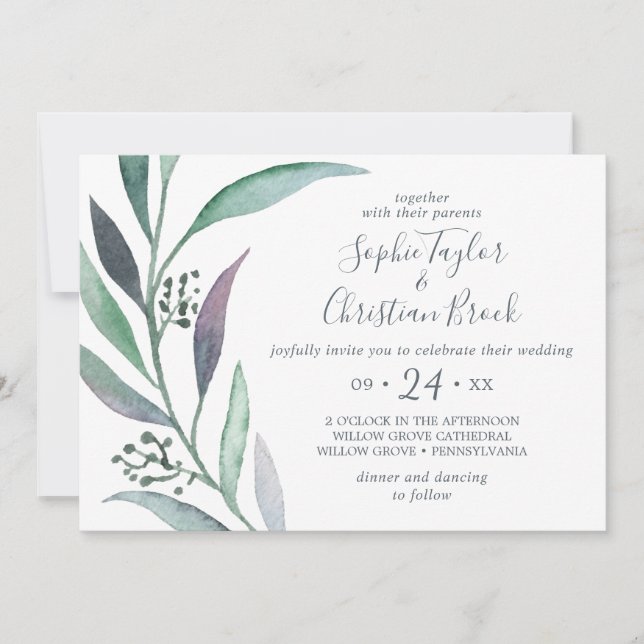 Invitación Boda horizontal de eucalipto morado y verde (Anverso)