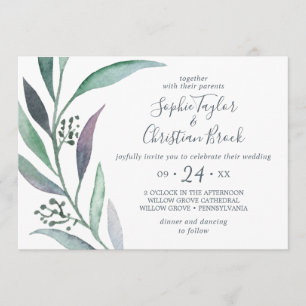 Invitación Boda horizontal de eucalipto morado y verde
