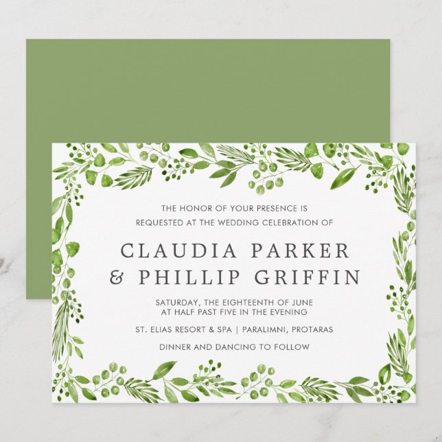 Invitación Boda horizontal de marco de hoja de olivo verde rú (Anverso / Reverso)