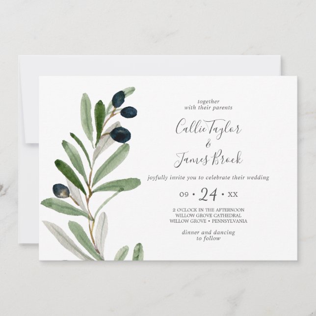 Invitación Boda horizontal de rama de oliva moderna (Anverso)