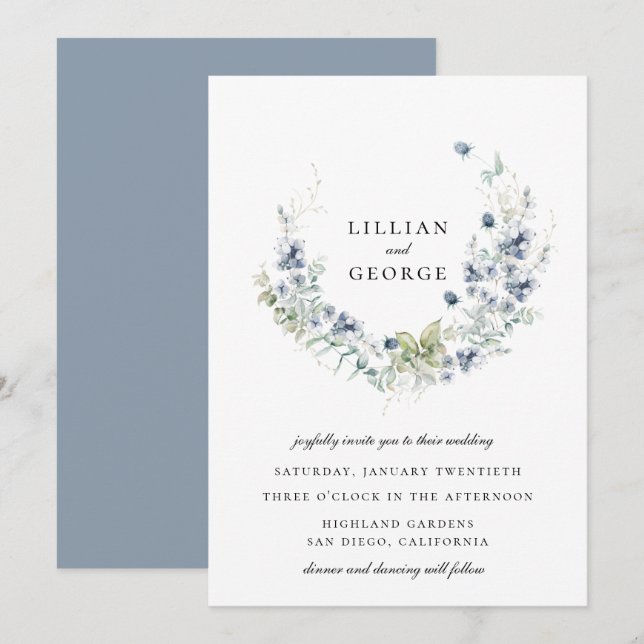 Invitación Boda húmedo de invierno azul caliente (Anverso / Reverso)