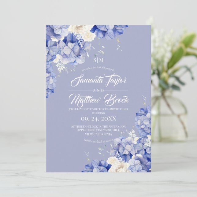 Invitación Boda Hydrangea Azul Polvoriento Todo En Uno (Anverso de pie)