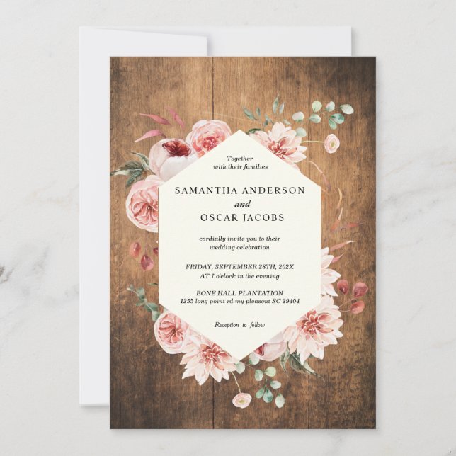 Invitación Boda I de Flores Pastel de Madera y Acuarela Vinta (Anverso)