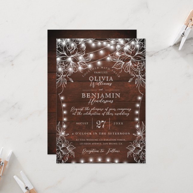 Invitación Boda I de las Luces de Madera Rusa y Floral Blanco (Anverso/Reverso In Situ)