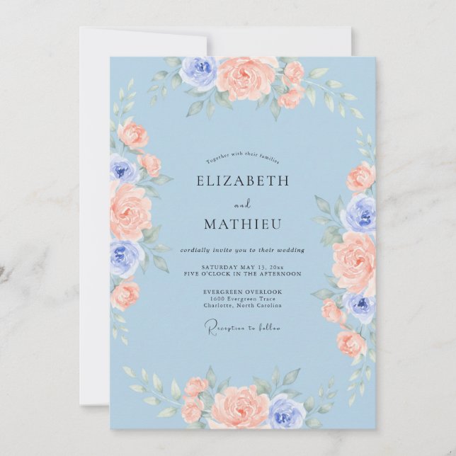 Invitación Boda Idílica de Primavera en Azul Melocotón (Anverso)