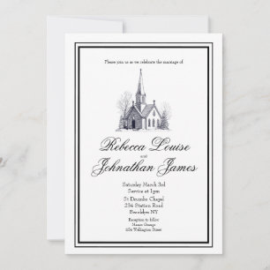 Invitación Boda Iglesia Script Blanco Negro Elegante Capilla