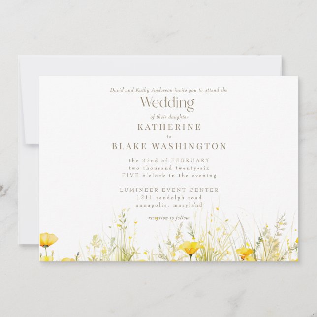 Invitación Boda II de texto dorado amarillo con flores silves (Anverso)