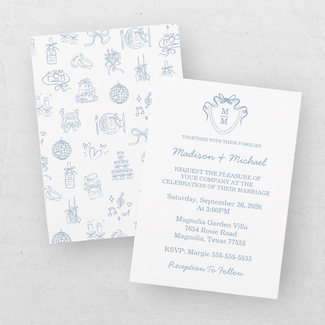 Invitación Boda ilustrada azul caprichosa a mano (Subido por el creador)