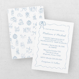 Invitación Boda Ilustrada Azul Dibujada a Mano Caprichosa