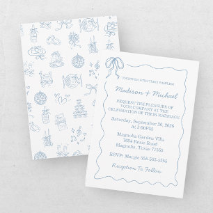 Invitación Boda Ilustrada Azul Dibujada a Mano Caprichosa