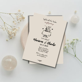 Invitación Boda Ilustrada con Dibujos a Mano en Gris Retro