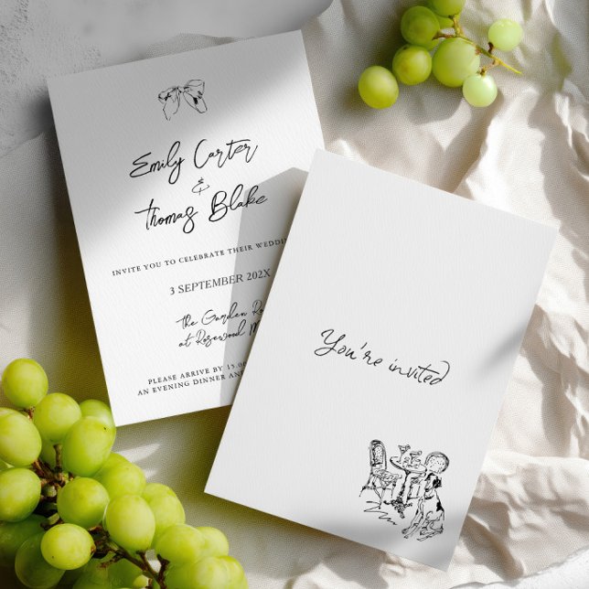 Invitación Boda Ilustrada con Tinta Caprichosa a Mano (Whimsical Ink Hand Drawn Illustration Wedding Invitation)