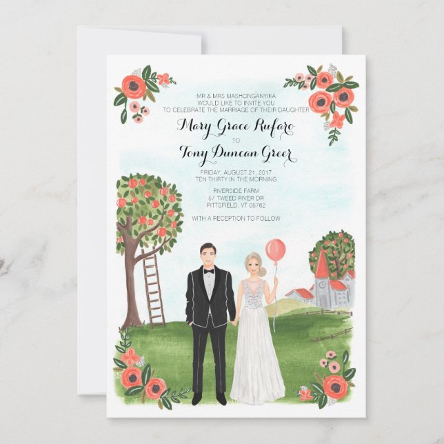 Invitación Boda ilustrada personalizado de la granja del (Anverso)