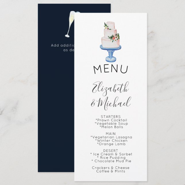 Invitación Boda ilustrado Cake MENU Doble cara (Anverso / Reverso)