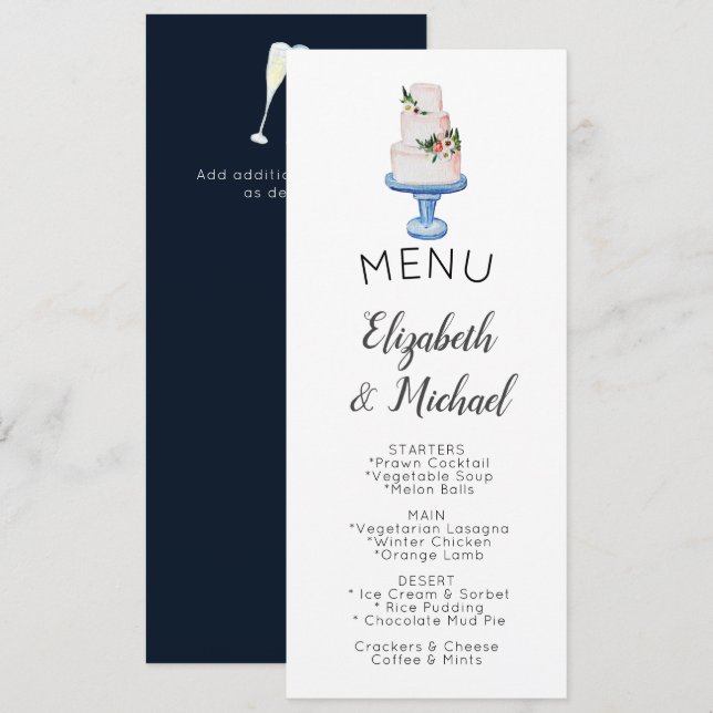 Invitación Boda ilustrado Cake MENU Doble cara (Anverso / Reverso)