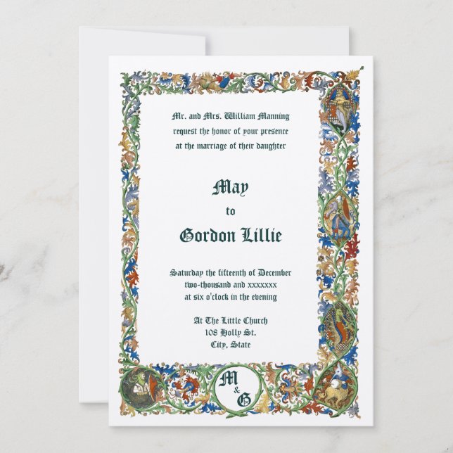 Invitación Boda ilustrado de la Edad Media de los años 1400 (Anverso)