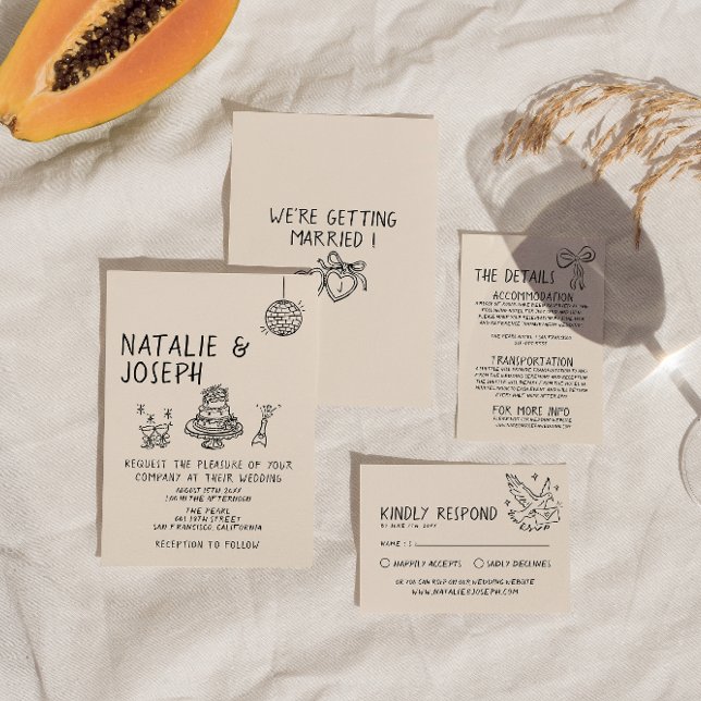 Invitación Boda Ilustrado De La Suite Quirky De Pasteles Escr (Subido por el creador)