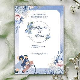 Invitación Boda Ilustrativa de Floral Azul Suave y Blanco