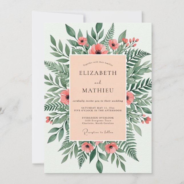 Invitación Boda ilustrativa de salmón en bosque (Anverso)