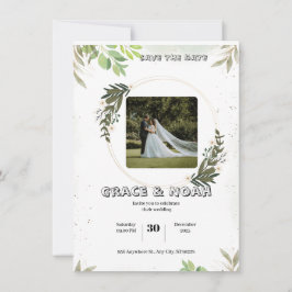 Invitación Boda Ilustrativa Floral Acuarela Blanca y Verde