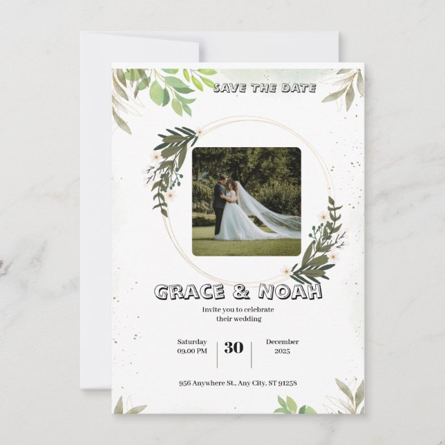 Invitación Boda Ilustrativa Floral en Acuarela Blanca y Verde (Anverso)