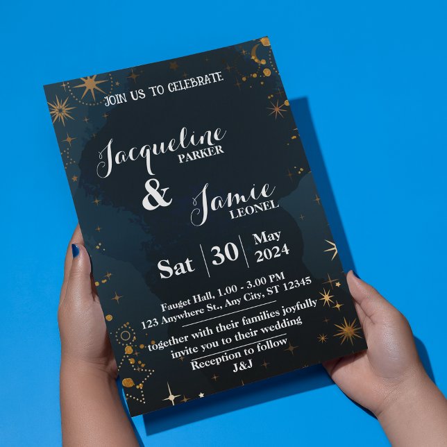 Invitación Boda ilustrativo de la Marina y el cielo negro (Navy and Black Night Sky Illustrative Wedding Invitation)