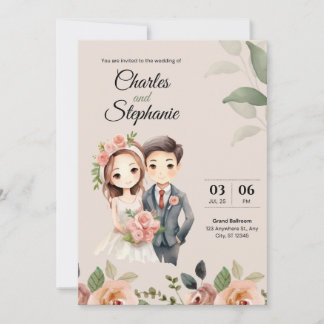 Invitación Boda ilustrativo y floral beige