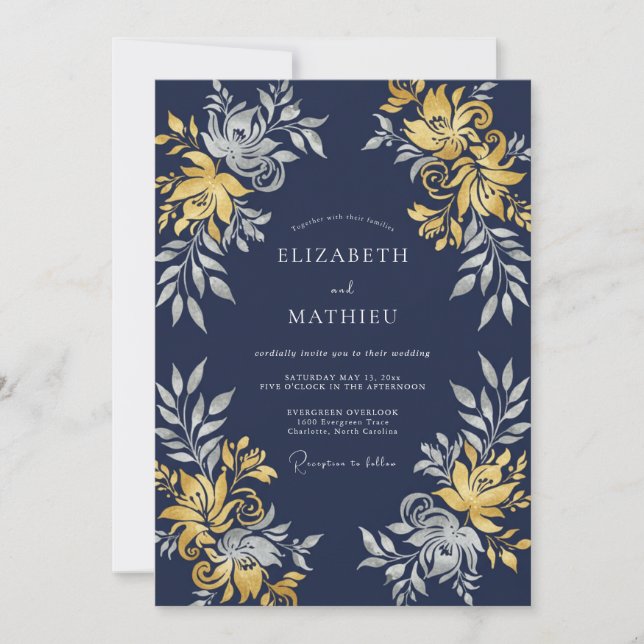 Invitación Boda Ilustre de Noche Azul Marino (Anverso)