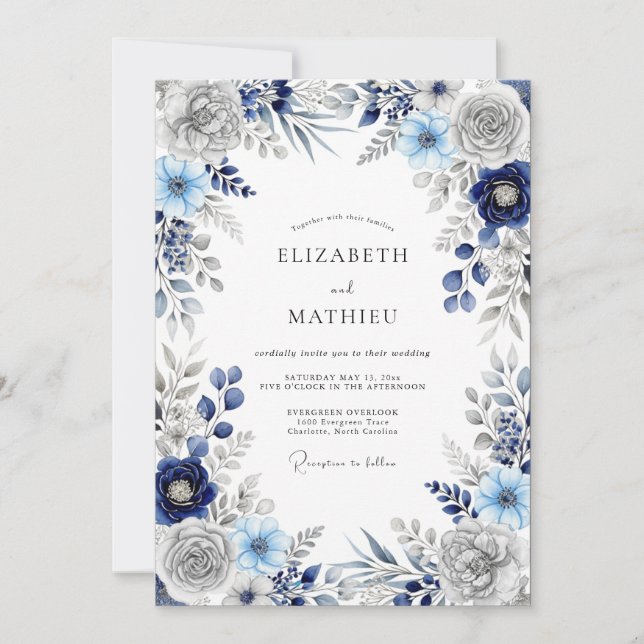 Invitación Boda Imperial de Invierno Azul Marino (Anverso)