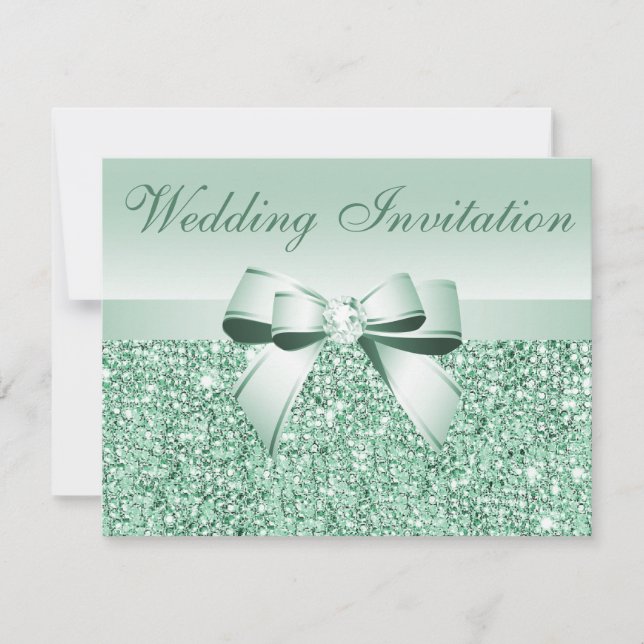 Invitación Boda Impresa de Mint Green Sequins, Bow & Diamond (Anverso)