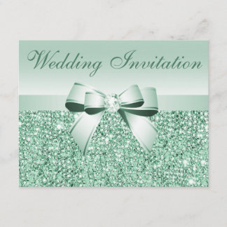 Invitación Boda Impresa de Mint Green Sequins, Bow & Diamond