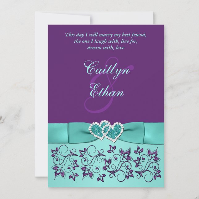 Invitación Boda | IMPRESIÓN BOW Aqua, Púrpura | Floral (Anverso)