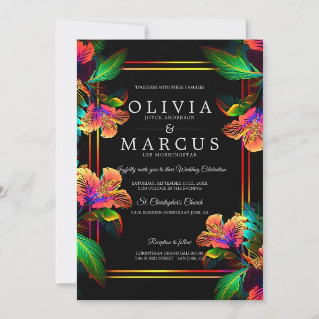 Invitación Boda | Impresionante Hibisco Tropical de Neón (Anverso)