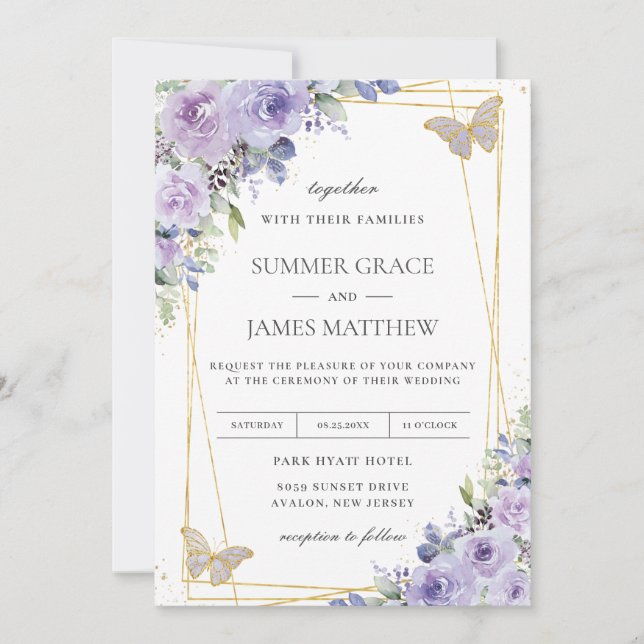 Invitación Boda incansable Morado Lilac Floral Butterflies (Anverso)