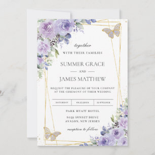 Invitación Boda incansable Morado Lilac Floral Butterflies
