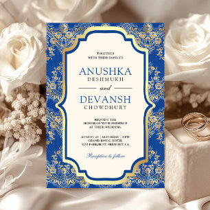 Invitación Boda India Azul Real Encaje Dorado