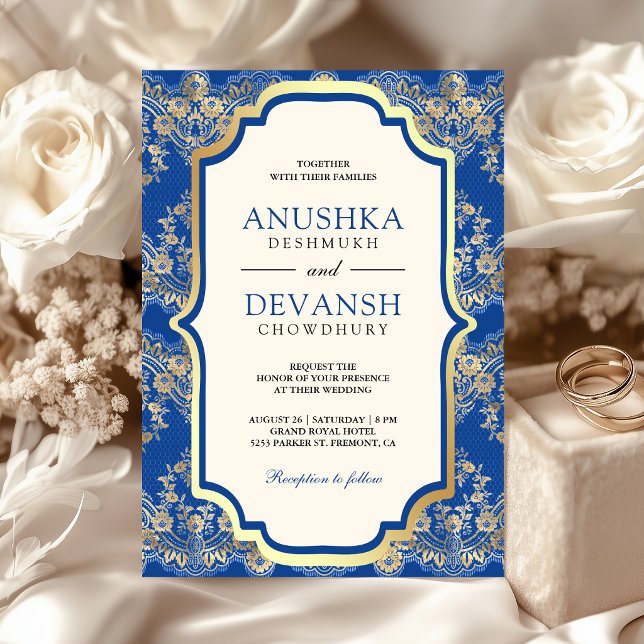 Invitación Boda India Azul Real Encaje Dorado (Subido por el creador)