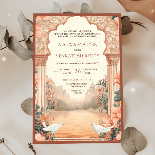 Invitación Boda India Boho Terroso Floral Palomas Blancas