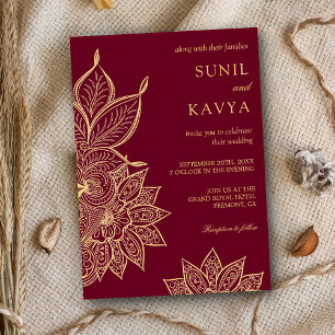 Invitación Boda India Burgundy Dorado Henna Mehendi