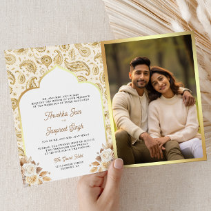 Invitación Boda India Código QR Floral Paisley Cream Gold