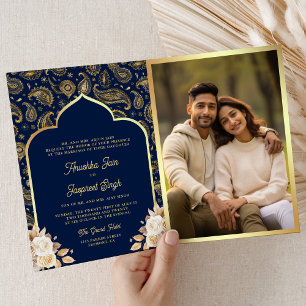Invitación Boda India Código QR Floral Paisley Oro Azul