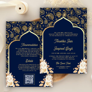 Invitación Boda India Código QR Floral Paisley Oro Azul