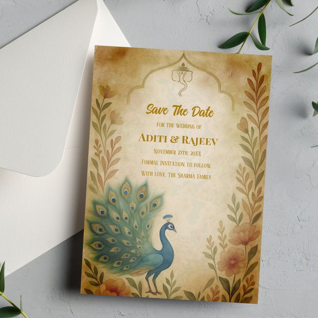Invitación Boda india con flores de pavo real salva la tarjet (Subido por el creador)