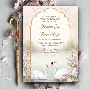 Invitación Boda India de Cisnes Románticos Florales Pastel