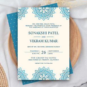 Invitación Boda india de crema étnica y mandala azul