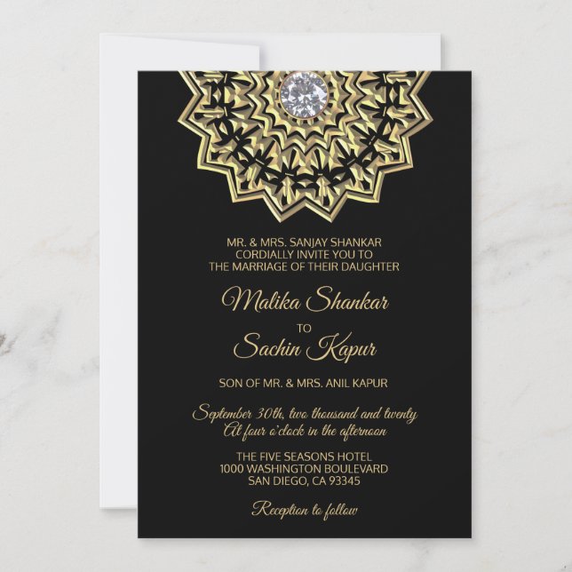 Invitación Boda india de la mandala del negro elegante del (Anverso)