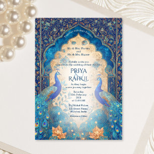 Invitación Boda India de lujo elegante vintage oro pavo real