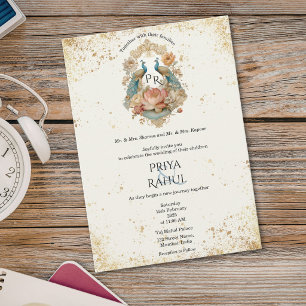 Invitación Boda India de lujo elegante vintage pavo real dora