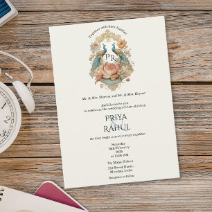 Invitación Boda India de lujo elegante vintage pavo real dora
